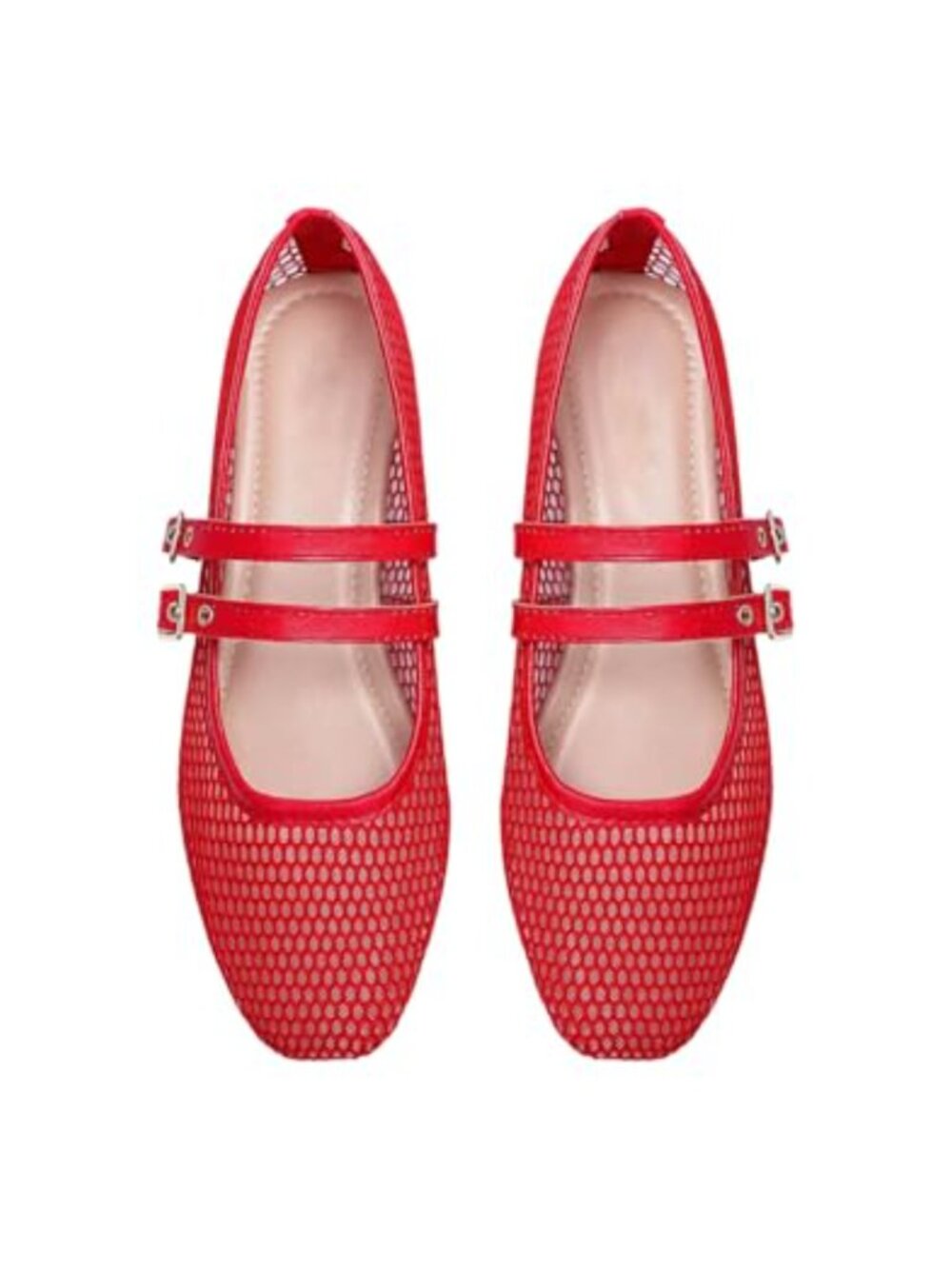 Fishnet Mesh Ballet Flats Slip On Double Buckle Strap Square Toe